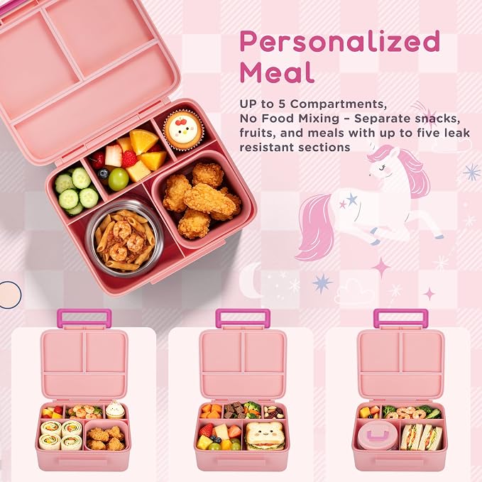 Kids Bento Lunch Box with 8oz Thermo, Ice Pack & Dividers for School | Food Container 5 Compartments,Insulated Food Jar,Keep Warm&Cold,Removable Dividers,Leak-Resistant,BPA-Free,Easy to Clean