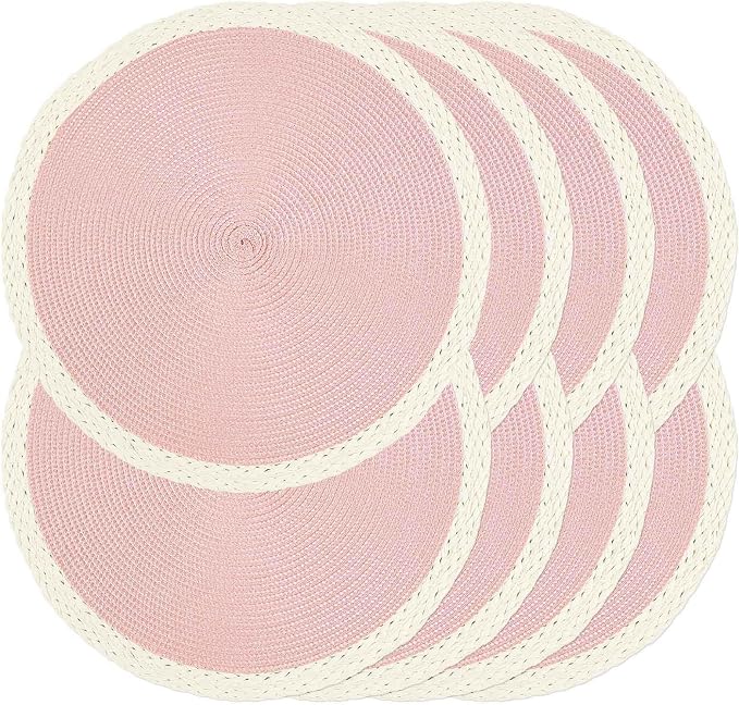 Round Placemats Set of 8, Woven Table Mats, Mint Pink | Braided Paper Edge, 15 Inch Diameter, Fits Dinner Plate and Flatware, Wipeable, Heat Resistant, Indoor Dining, Outdoor Patio