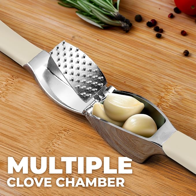 Zulay Kitchen Metal Comfort Grip Garlic Press | Garlic Mincer Tool - Garlic Crusher - Rust Proof Garlic Press, Ergonomic Handle, Easy Clean with Peeler and Brush - White