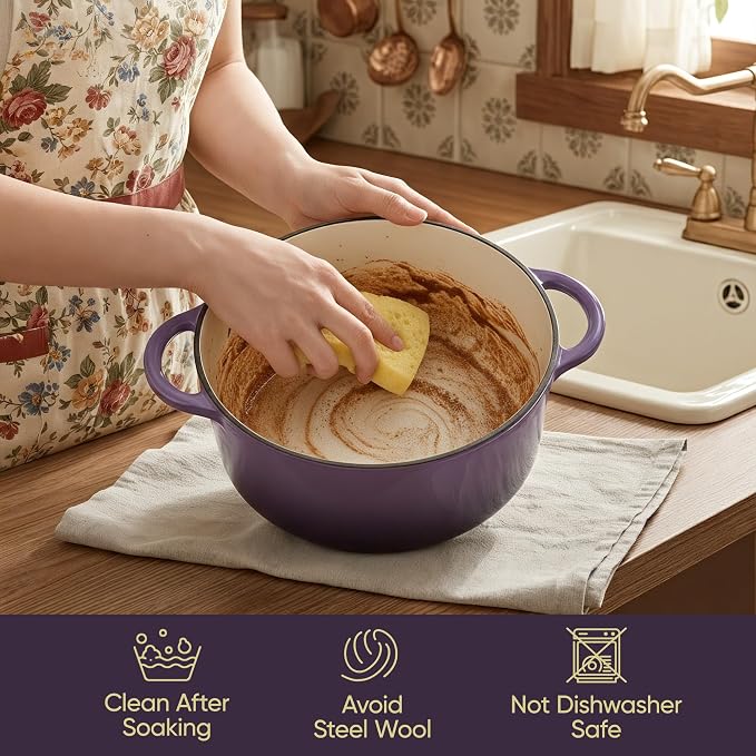 Vintage Style 4.5 Quart Dutch Oven Pot with Lid, Non Stick Enameled Cast Iron Dutch Oven for Bread Baking, Heavy-Duty, Oven Safe Ceramic Cookware Up to 500°F for Baking, Braising, Stews, Roasting, Purple
