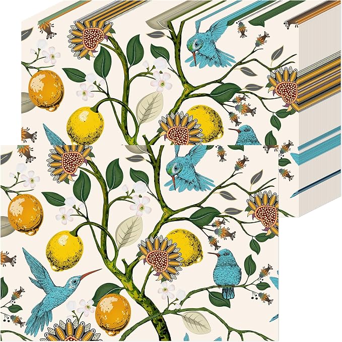 50 Pack Vintage Lemon Disposable Paper Placemats 11 x 16 Inches | Hummingbird Floral, Dinner Table Setting, Wedding Birthday Party Supplies