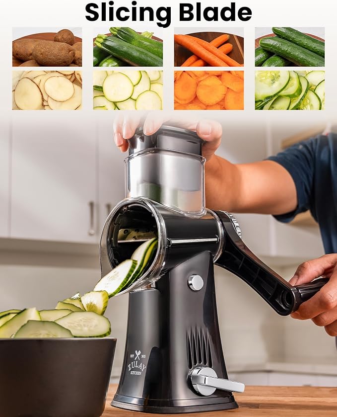Zulay Kitchen Rotary Cheese Grater 5 Blade Cheese Shredder - Manual Hand Crank Cheese Grater With Reinforced Suction & 5 Interchangeable Drums - Easy to Use, Vegetable Chopper Round Mandoline Slicer