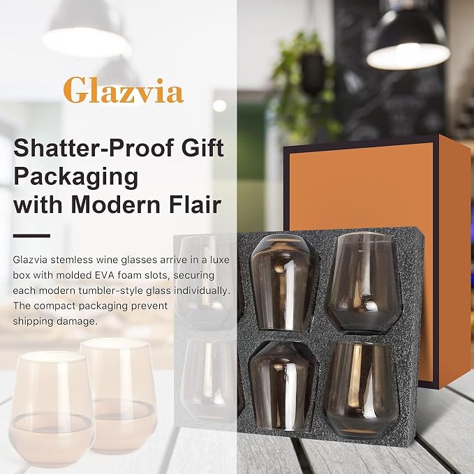 Brown Stemless Wine Glasses Set of 6, 15oz Drinking Glassware Dishwasher Safe, Wine Glass Tumblers for Red or White, Gift for Party, Holiday, Anniversary, Restaurant, Home Bar, Daily Use