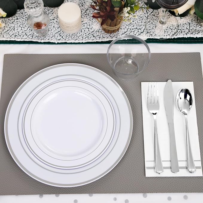 GATHER 176PCS Silver Plastic Plates for Wedding and Party | White and Silver Disposable Plates include 50 Plates, 75 Silverware, 25 Napkins, 25 Cups, 1 Tablecloth