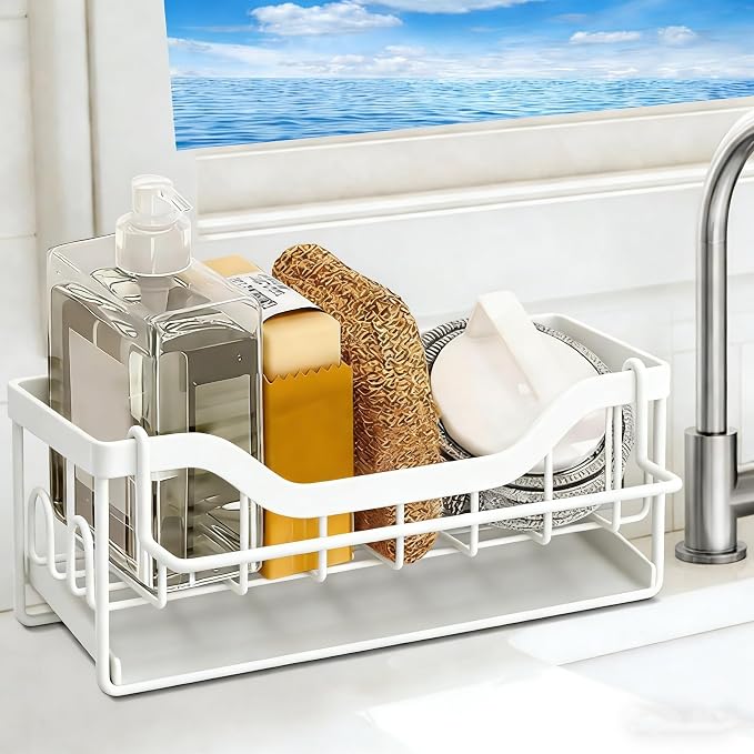 Sponge Holder for Kitchen Sink - Sink Caddy Organizer with Auto Drain Tray, Detachable Towel Rack, Stainless Steel Kitchen Counter Organizer Rack (White)