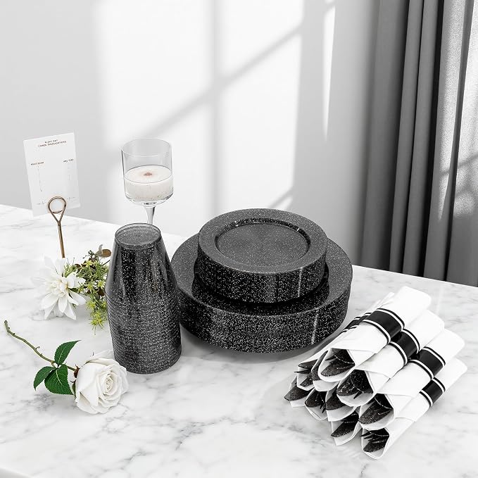 DaYammi 210PCS Black Glitter Plastic Dinnerware Set for 30 Guests, Fancy Disposable Plates for Party, Include: 30 Dinner Plates, 30 Dessert Plates, 30 Pre Rolled Napkins and 30 Cups