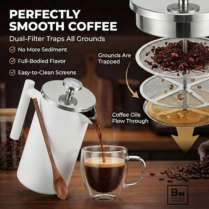 Barista Warrior French Press Coffee Maker - Double-Wall Stainless Steel Insulated French Press with Built-In Thermometer, Dual Filters Coffee Maker with Wooden Spoon - White