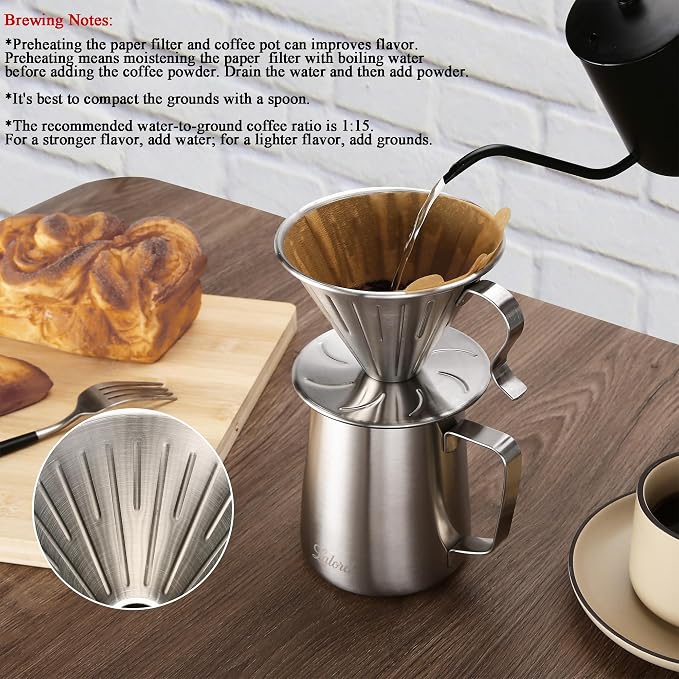 Lalord Pour Over Coffee Maker, 304 Stainless Steel wIth 100 pcs Size 02 Paper Filters (Coffee Dripper)