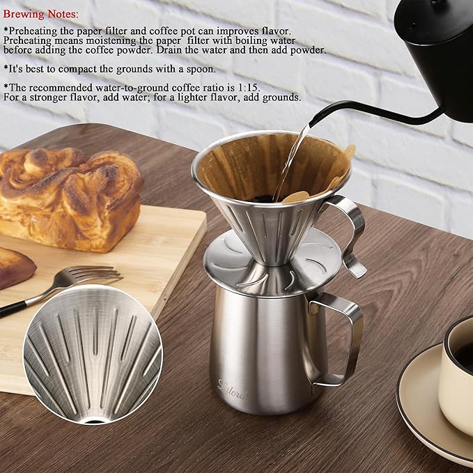 Lalord Pour Over Coffee Maker, 304 Stainless Steel wIth 100 pcs Paper Filters & 600ml Milk Frothing Pitcher, for Home & Camping