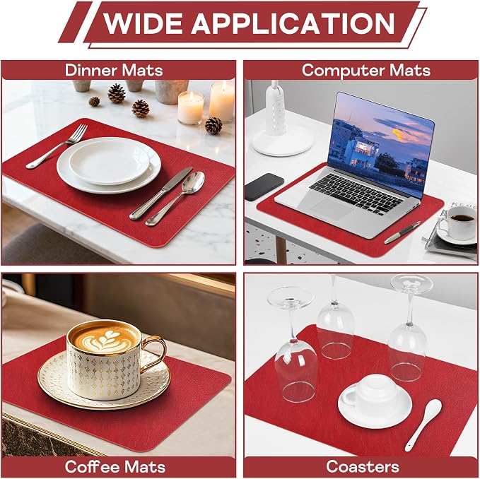 Faux Leather Placemats Set of 6 Heat Resistant Table Mats 17×12 Inch | Waterproof & Wipeable Place Mats Set of 6 Dual Sided Table Placemats for Kitchen Dining Decor Indoor & Outdoor 43×30 CM Red