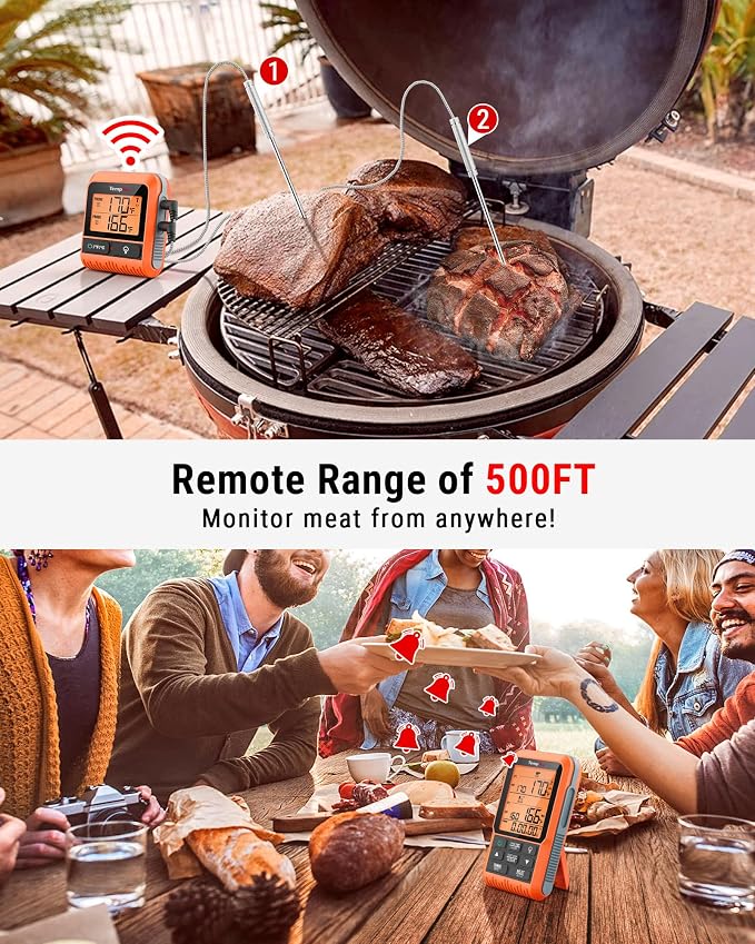 TempPro TempSync 500FT Wireless Meat Thermometer for Grilling and Smoking | RF Technology, 2 Probes, Alarms, Backlit LCD Display, Smoker BBQ Kitchen Food Thermometer for Cooking Tools & Utensils Gift
