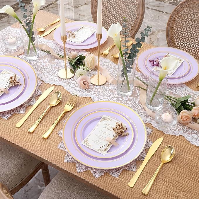 350PCS Purple Plates Disposable - Purple Plastic Plates 50Guests Lavender Disposable Dinnerware Sets with Rolled Napkins for Wedding/Birthday/Baby Shower/Bridal Shower