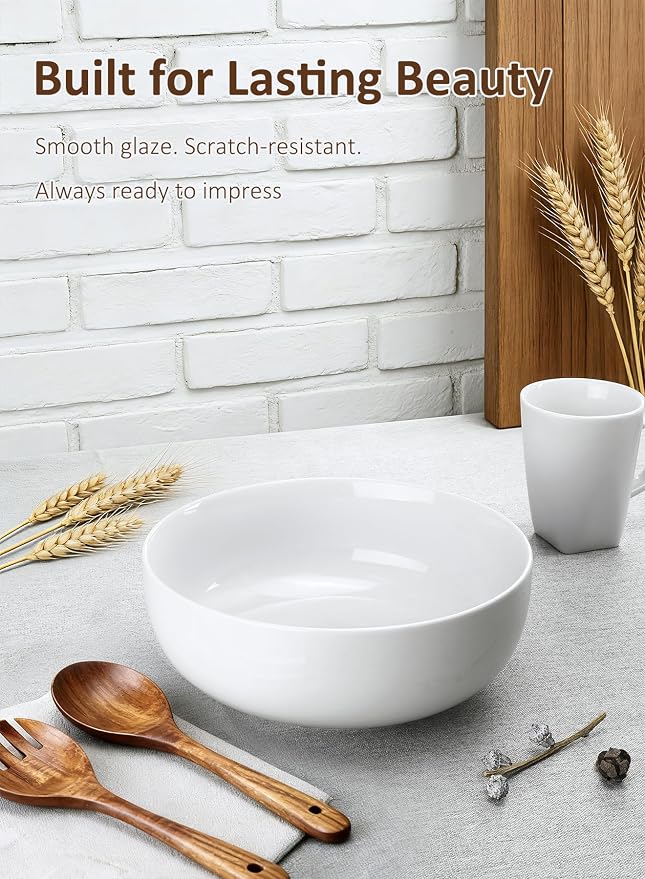 Pasta Serving Bowls 120 Ounce 9.7” Large Serving Bowls, Porcelain Salad Bowls for Kitchen, Big White Soup Bowls, Oven Dishwasher Safe, Set of 2 | Smooth Glaze, Easy-Clean, Stackable, Oven/Microwave/Dishwasher/Freezer Safe, Deep enough for Soup, Fruit, ...