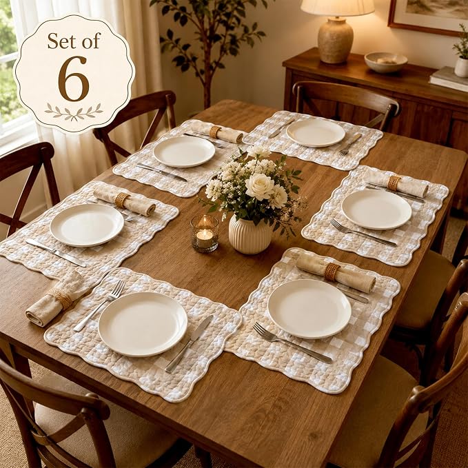 Quilted Placemats Set of 6, 18" x 13" Large Scalloped Cotton Placemat Washable Cloth Flowers Table Mats for Summer Party Kitchen Dining Farmhouse Cottagecore Decor(Gingham Milkshake Tan)
