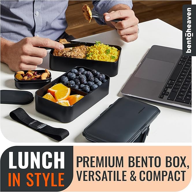 Bentoheaven Bento Box Adult, Stackable Lunch Box, 40 oz, Outer Space | BPA-free, leakproof and microwave-safe with 2 compartments, utensils, chopsticks, divider and sauce cup for men and women.