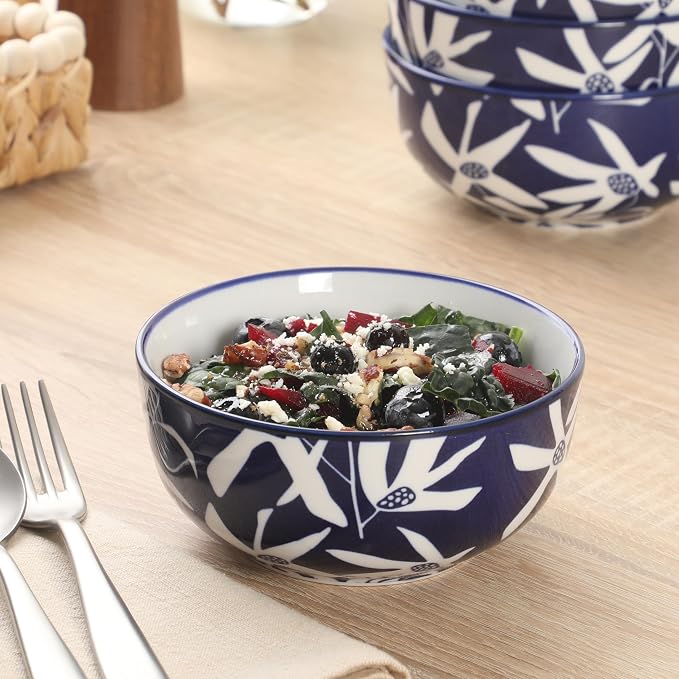 Gibson Home Ivory Estate 4-Piece Cereal Bowl Set, 5.5 Inch Round Stoneware Bowls, Blue & White Floral Pattern, Assorted Decorative Designs