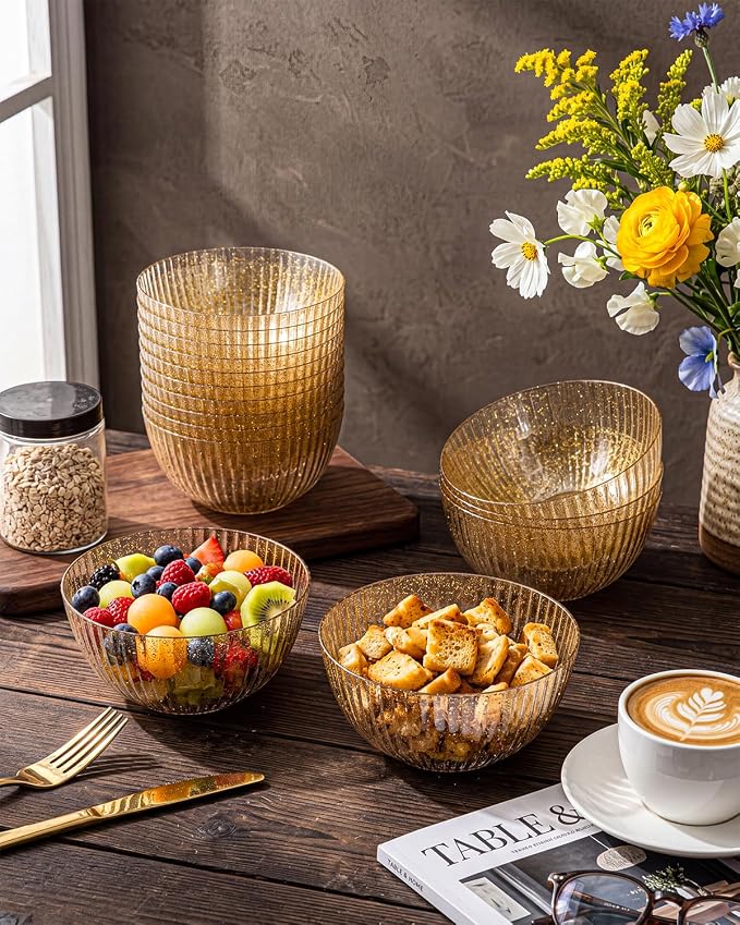 bUCLA 12 PCS Plastic Cereal Bowls Set - 28 Oz Gold Glitter Disposable Vertical Stripes Serving Bowls for Snack, Salad, Dessert & Fruit