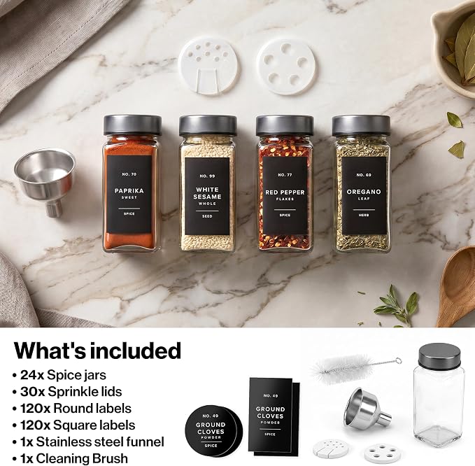Glass Spice Jars with Label, 24x Space Gray Stainless Steel Lids | Airtight Lids keep spices fresh, Kitchen Spice Drawer Organizer, 4oz Seasoning Containers incl. Funnel, Brush & 240 Labels