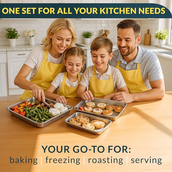 Stainless Steel Cookie Sheet Set of 3, 9/12/16" Baking Sheet Pans | Baking Set of 3, Mirror Finish, Non-Stick, Rust Resistant, BPA Free, Dishwasher Safe, 9/12/16"