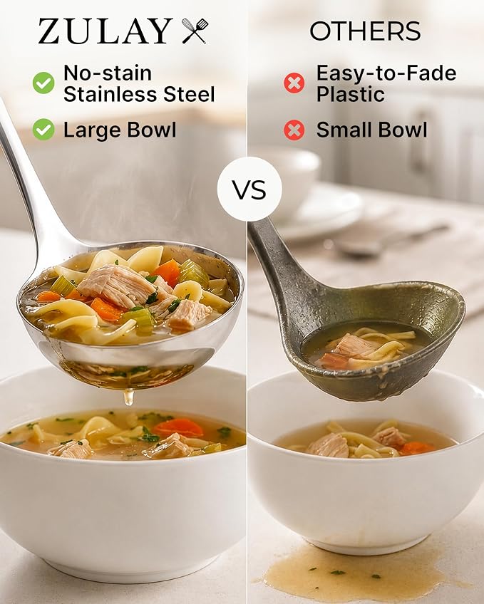 Zulay Kitchen Stainless Steel Soup Ladle - 13” Large Ladle for Soups, Stews & Sauces - Durable, Heat-Resistant, Rust-Proof & Dishwasher Safe Kitchen Utensil with Ergonomic Handle