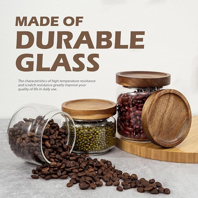 2PCS Small Glass Storage Jars with Airtight Lids, 11 fl oz (300ml) coffee container with Wooden Lid, Glass Pantry Canister for Beans, Rice, Sugar and etc