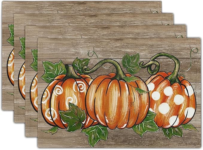 Thanksgiving Placemats Set of 4 18x12 Inch Autumn Pumpkins Thankful Linen Place Mats Heat-Resistant Washable Wipeable Fall Seasons Holiday Table Mat for Party Kitchen Dining Room Dinner Table Decor