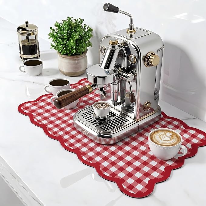 Red Scalloped Gingham Coffee Mat 12" x 20" Absorbent Bar Mat | Gingham Espresso Matt with Non Slip Rubber Backing for Coffee Countertops