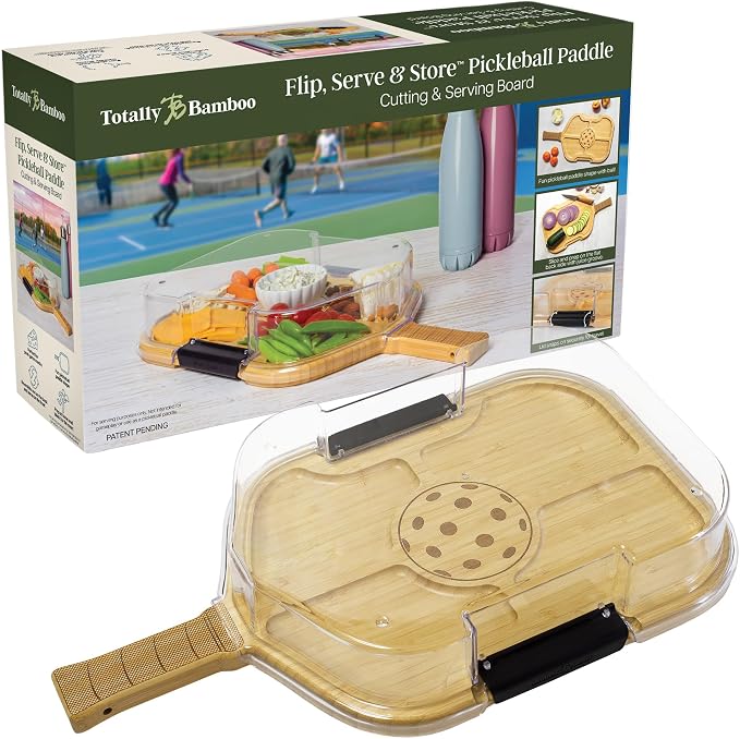 Totally Bamboo Flip, Serve & Store Pickleball Charcuterie Board with Lid | Pickleball paddle-shaped board with compartments and locking cover for travel. Cutting side includes juice groove for prep.