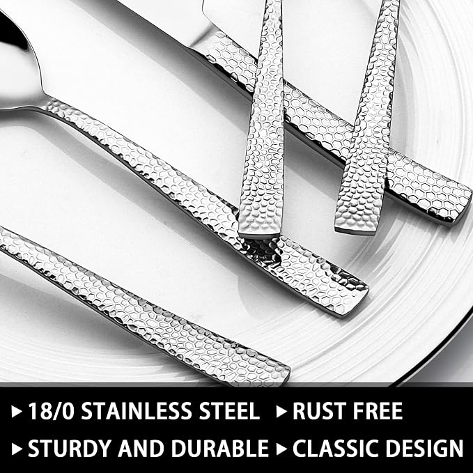 49-Piece Hammered Silverware Set with Organizer, Food-Grade Stainless Steel Flatware for 8, Cutlery Utensil Sets with Steak Knives, Rust-proof, Mirror Polished, Dishwasher Safe, Wave Hammered