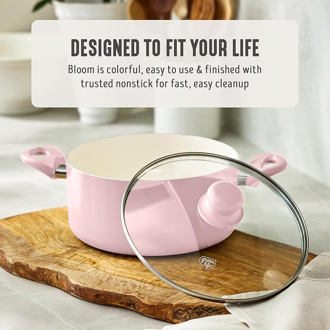 GreenLife 5QT Ceramic Nonstick Stockpot with Lid, Blush Pink | PFAS-Free Nonstick Coating, Casserole Pot, Soup Pot, Pasta Pot, Induction Ready, All Stovetop Compatible, Dishwasher Safe