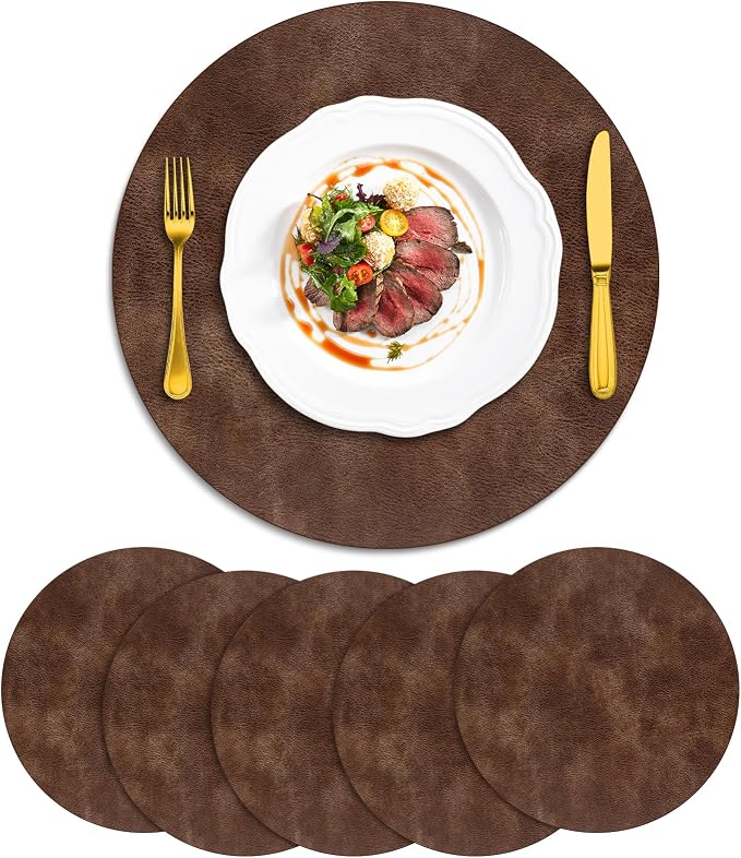 ADRIMER Placemats, Heat Resistant Round Placemats Set of 6 Washable, Waterproof Table Mats, Wipeable Faux Leather Place Mats for Kitchen, Dining Room, Brown