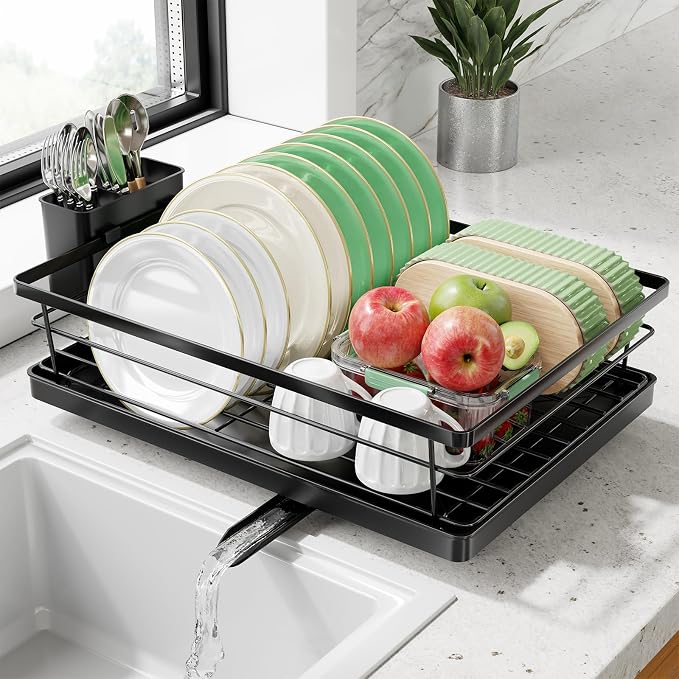 Simple Trending Dish Drying Rack, 12''W x 16''L, Black | Dish Rack for Kitchen Counter, Stainless Steel Dish Drainer, Cutlery Holder, Drainboard, Space-Saving, Easy Installation