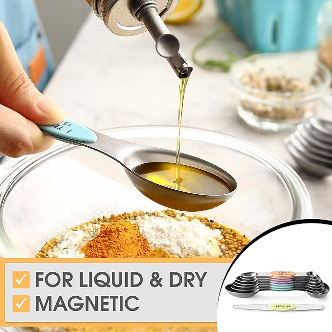 Spring Chef Stainless Steel Magnetic Measuring Spoons Set of 8, Pastel | Dual Sided Metal Teaspoon & Tablespoon Measuring Spoons with Leveler for Dry & Liquid Ingredients, Fits in Kitchen Spice Jars