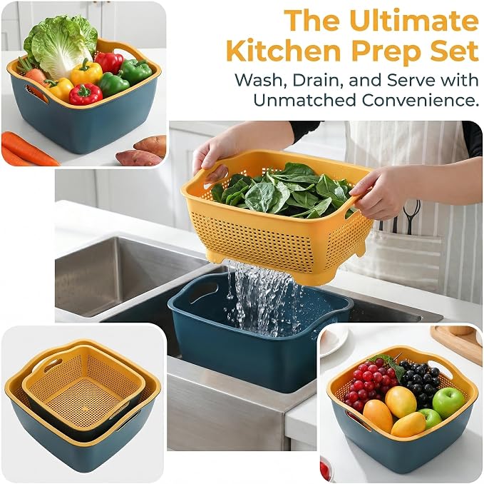 2 Pack 9 & 8 Quart Large Kitchen Strainer Colander Bowl Set, Double-Layer Plastic Fruits Vegetable Washing Basket, Drain Bowls for Cleaning Washing Mixing, Detachable (Blue, Orange)
