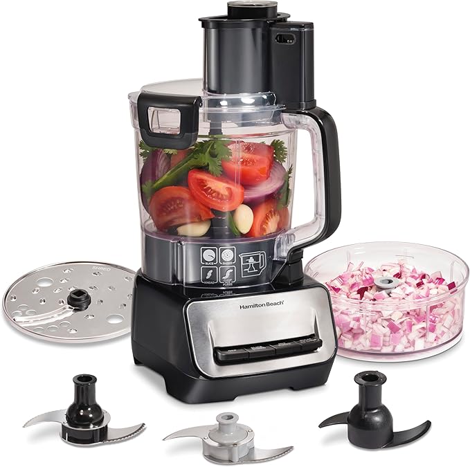 Hamilton Beach Stack & Snap 14 Cup Food Processor and Vegetable Chopper | Dishwasher Safe Stainless Steel Blades | 3-Speed 500 Watt Motor | Includes 4-Cup Mini Food Processor Bowl | Black | 70585