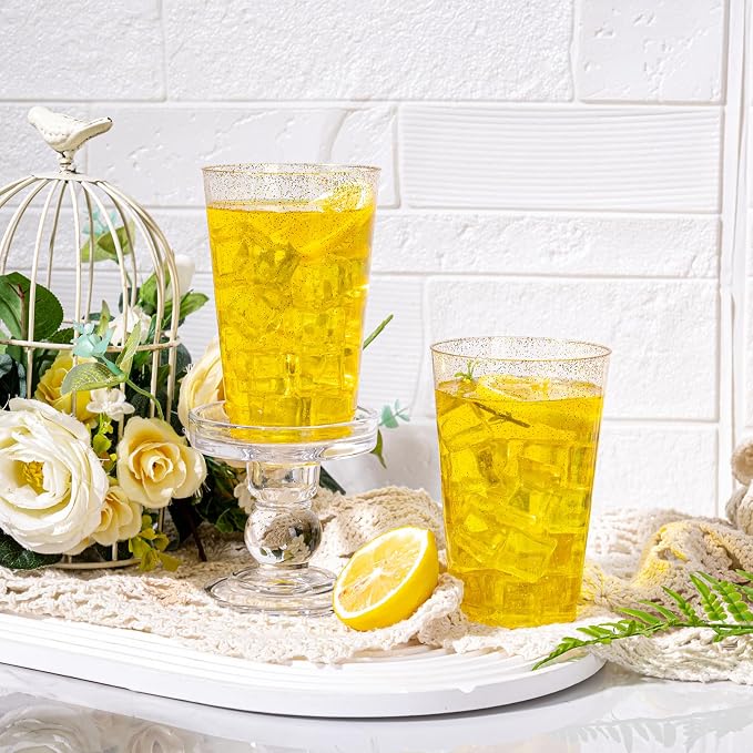 I00000 50 Pack 14 oz Gold Plastic Cups, Disposable Tumblers Gold Glitter Plastic Cups, Disposable Wine Glasses Cocktail Glasses Perfect for Wedding & Party