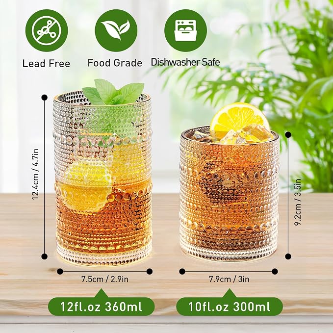 Hobnail Drinking Glasses Set of 12 Kitchen Glass Cups Glassware, Clear | 12 oz Highball Glasses, 10 oz Cocktail Glasses, Vintage Embossed Bar Tumbler Glassware Set for Beer Juice Whiskey Milk