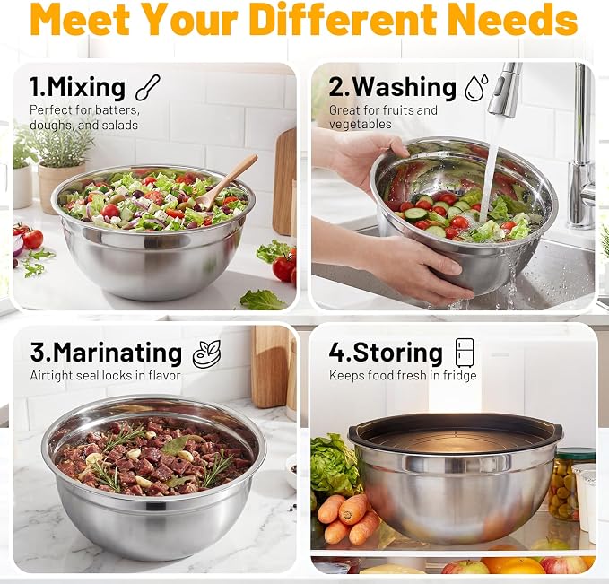 Beasea Mixing Bowls with Lids, 2 Pack 4 QT Stackable Stainless Steel Mixing Bowls Set with Lids, Metal Nesting Bowl for Kitchen, Baking, Food Prepping and Serving