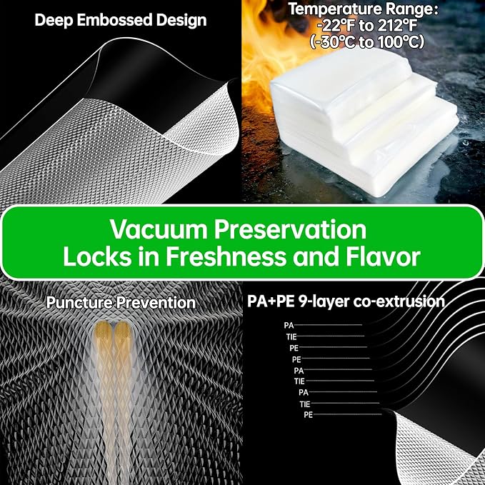 L'ELEF MISTICO Precut Vacuum Sealer Bags for Food, 100 Quart 8" x 12" BPA Free Food Saver, Vacuum Storage for Sous Vide and Freezer