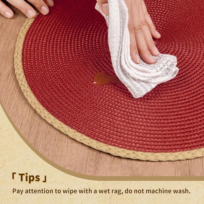 Round Placemats Set of 4, Woven Table Mats, Thin Edge, Red | Braided Paper Edge, 15 Inch Diameter, Fits Dinner Plate and Flatware, Wipeable, Heat Resistant, Indoor Dining, Outdoor Patio