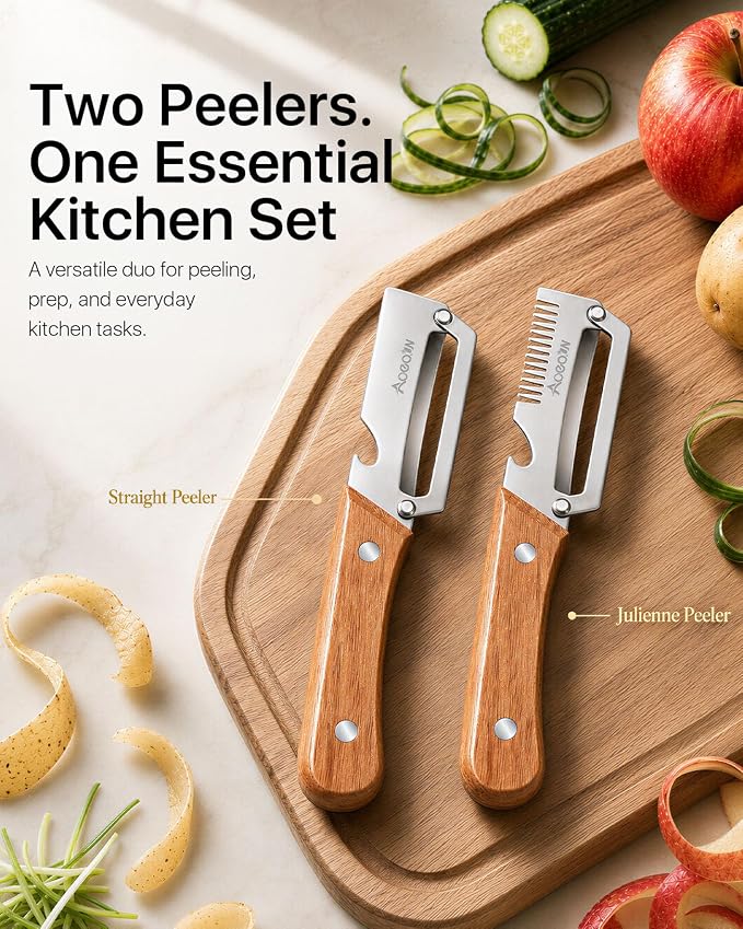2 Pack Multifunctional Vegetable Peeler With Wooden Handle and Bottle Opener, 3-in-1 Stainless Steel Potato Peeler for Kitchen, 2026 Upgraded Ergonomic Hand Held Peeler Knife for Fruit & Vegetables