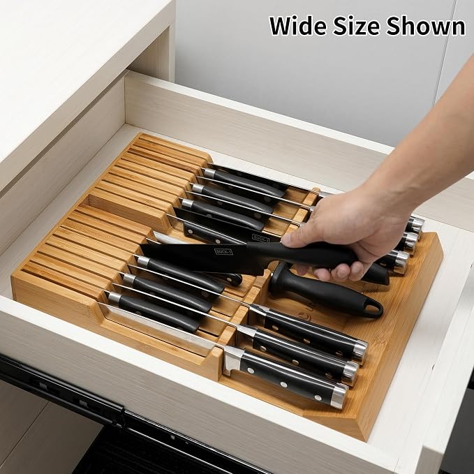 Utoplike In-drawer Knife Block Bamboo Kitchen Knives Drawer Organizer Large | Holder Storage for Steak, Paring, Bread Knives, Holds Up to 16 Knife & 1 Sharpening Steel (Knives & Sharpening Not Included)