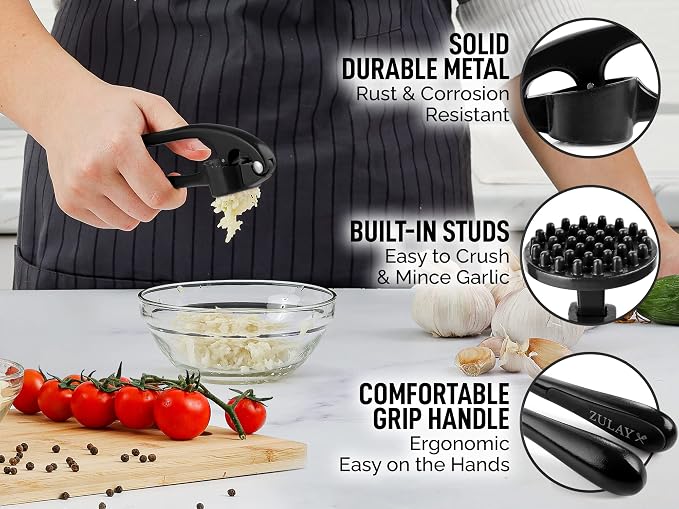 Zulay Kitchen Premium Garlic Press Set - Rust Proof Professional Garlic Mincer Tool - Easy-Squeeze, Easy-Clean with Soft, Ergonomic Handle - Silicone Garlic Peeler & Brush (Black)