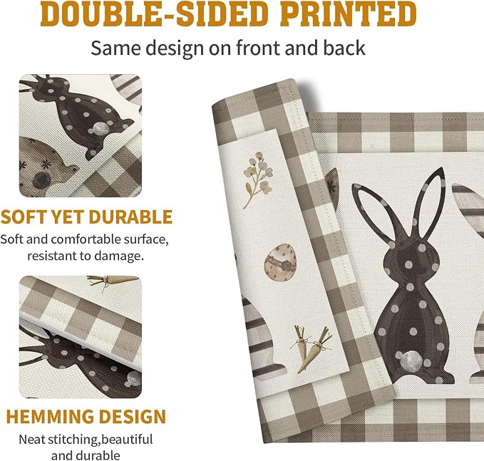 Easter Bunny Buffalo Plaid Placemats Set of 4 Rabbit Spring Egg Dining Table Placemats 12x18 Inch Check Brown White Heat Resistant Washable Table Mats for Kitchen Dining Holiday Indoor