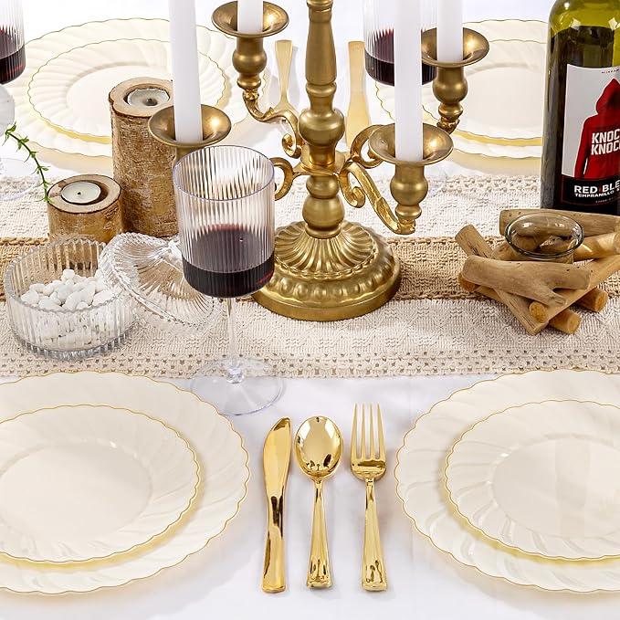 YOUBET 125PCS Ivory Scalloped Plastic Plates for Party Wedding | Cream Scalloped Disposable Plates - Gold Plastic Dinnerware Set Include 50 Plates, 75 Gold Silverware