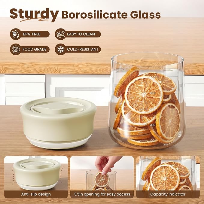 Airtight Glass Storage Jar 16 oz, Easy Open 1/4-Turn Lid Coffee Container | Easy-Open Quarter-Turn Lid, Airtight, Food Grade, Transparency, with Scale