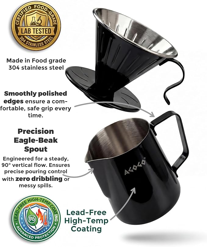 AGOGO Stainless Pour Over Coffee Maker Set, 50 Paper Filters, 20oz, Black | Unbreakable carafe for kitchen RV camp and office, includes barista towel, lead-free food grade 304 stainless steel