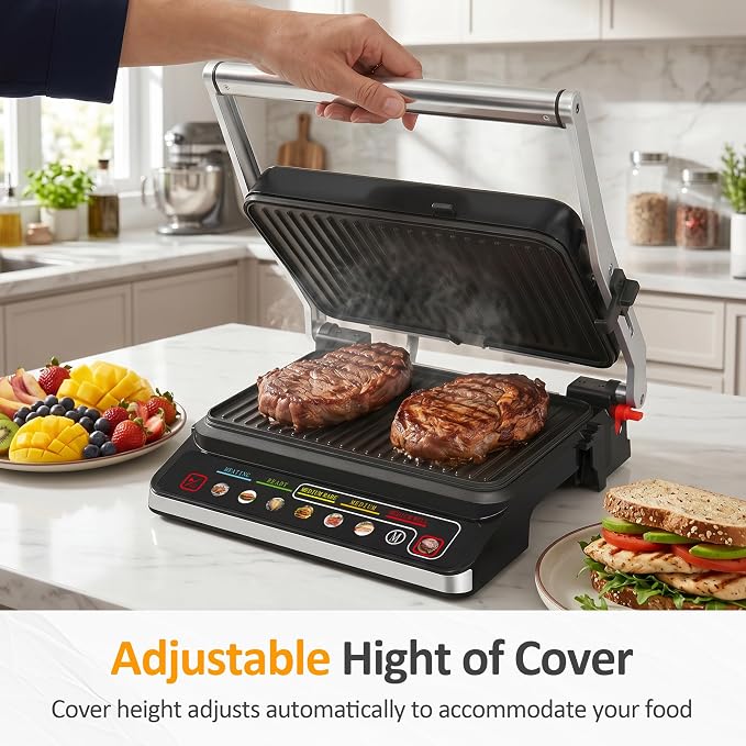 SUNVIVI 3-in-1 Electric Grill Indoor, Panini Press & Sandwich Maker with Removable Plates, 1600W, 8 Cooking Modes, 180° Flat Opening, Adjustable Temp, Ceramic Nonstick Dishwasher Safe, Stainless Steel