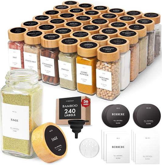 FINESSY Thick Glass Spice Jars With Bamboo lids And Labels, 4oz, 36 Pack | Empty Spice Containers, Airtight Lids With Shaker Inserts, 240 Waterproof Labels And Funnel. Clear Spice Jars With Labels