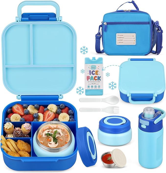 Bento Lunch Box for Kids with 7oz Soup Thermo,Insulated Stainless Steel Kids Water Bottle with Straw and Insulated Lunch Bag,Leak-Proof Lunch Food Container with Ice Pack for School(Blue)